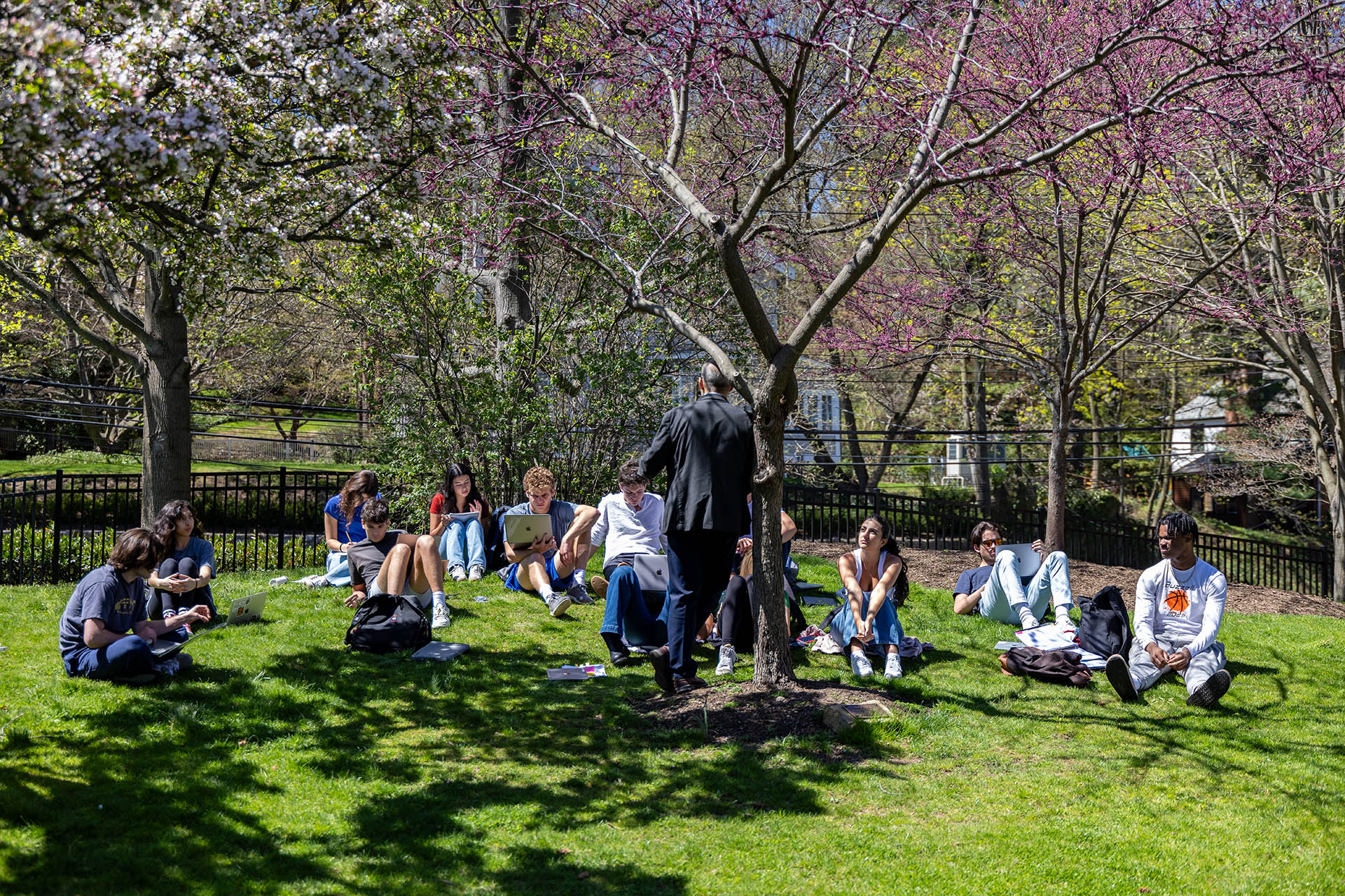 Students sit outside on a lawn in class